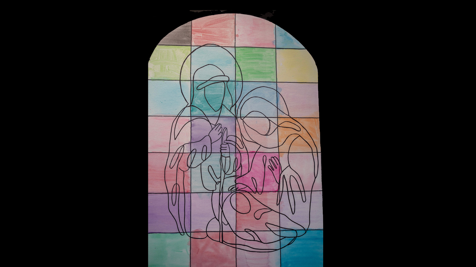 Student Artwork depicting the Holy Family in black outline through a stained glass window.
