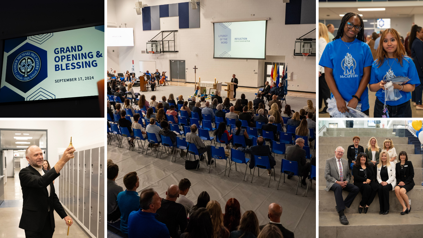 Opening Event collage featuring Bishop Motiuk, dignitaries, students and school administration  