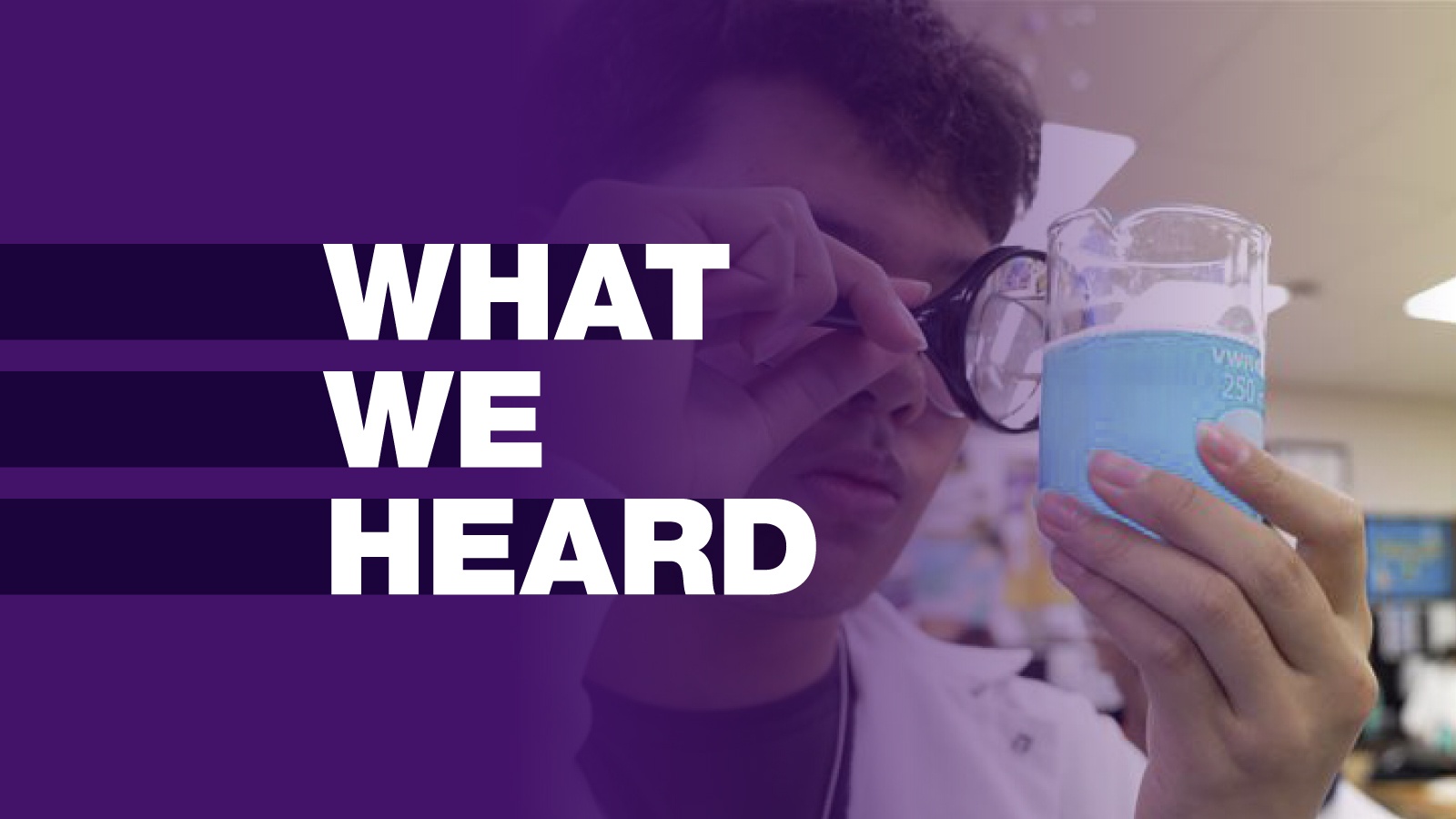 What We Heard with a photo of student looking through a magnifying glass