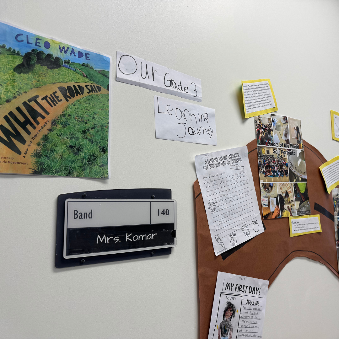 Student art and classwork in a Grade 3 classroom